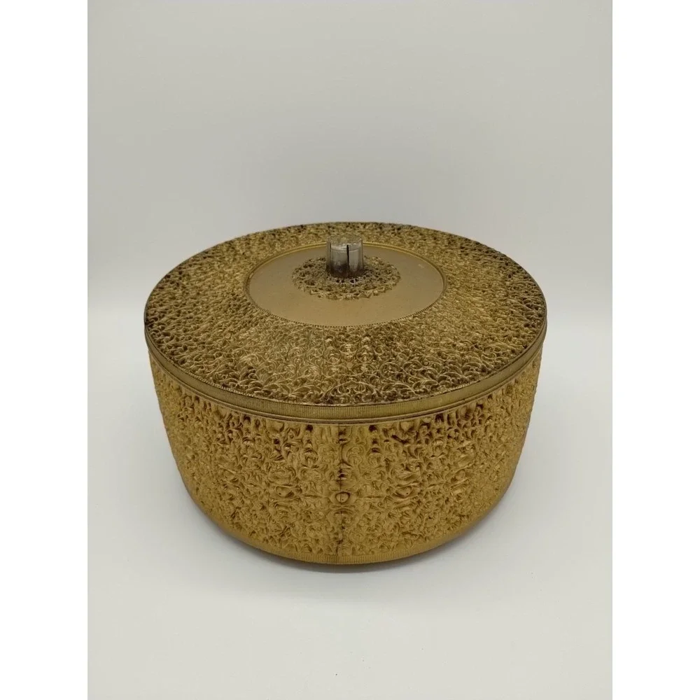 Elegant Gold Plastic Vintage Vanity Box 8.25 Diameter Dresser Sewing Hollywood